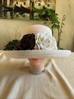 Elegant Beige Wide-Brim Hat with Cream and Brown Velvet Floral Accent